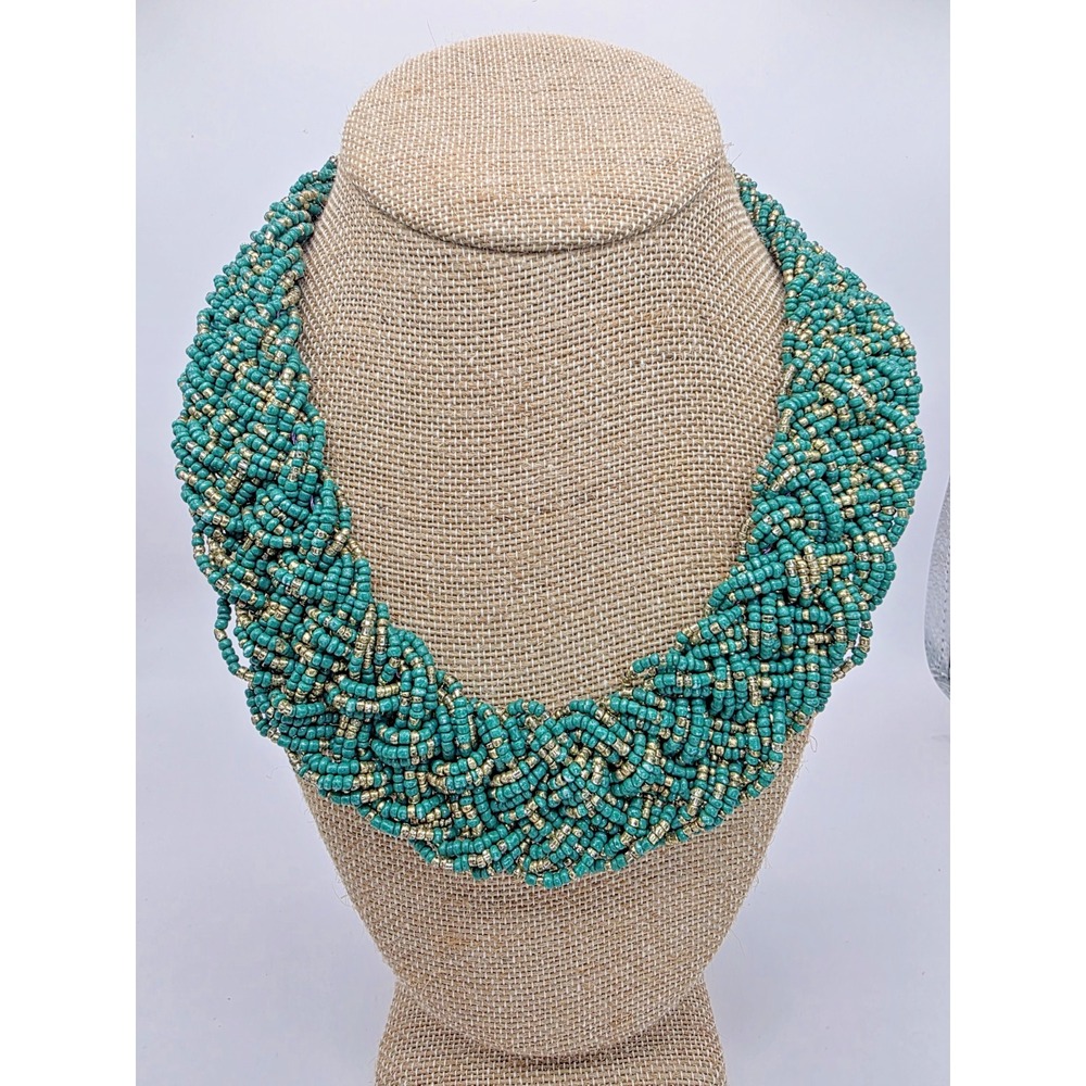 Teal & Gold Seed Bead Multi Strand Necklace Chocker Vintage 18-20.5" Boho